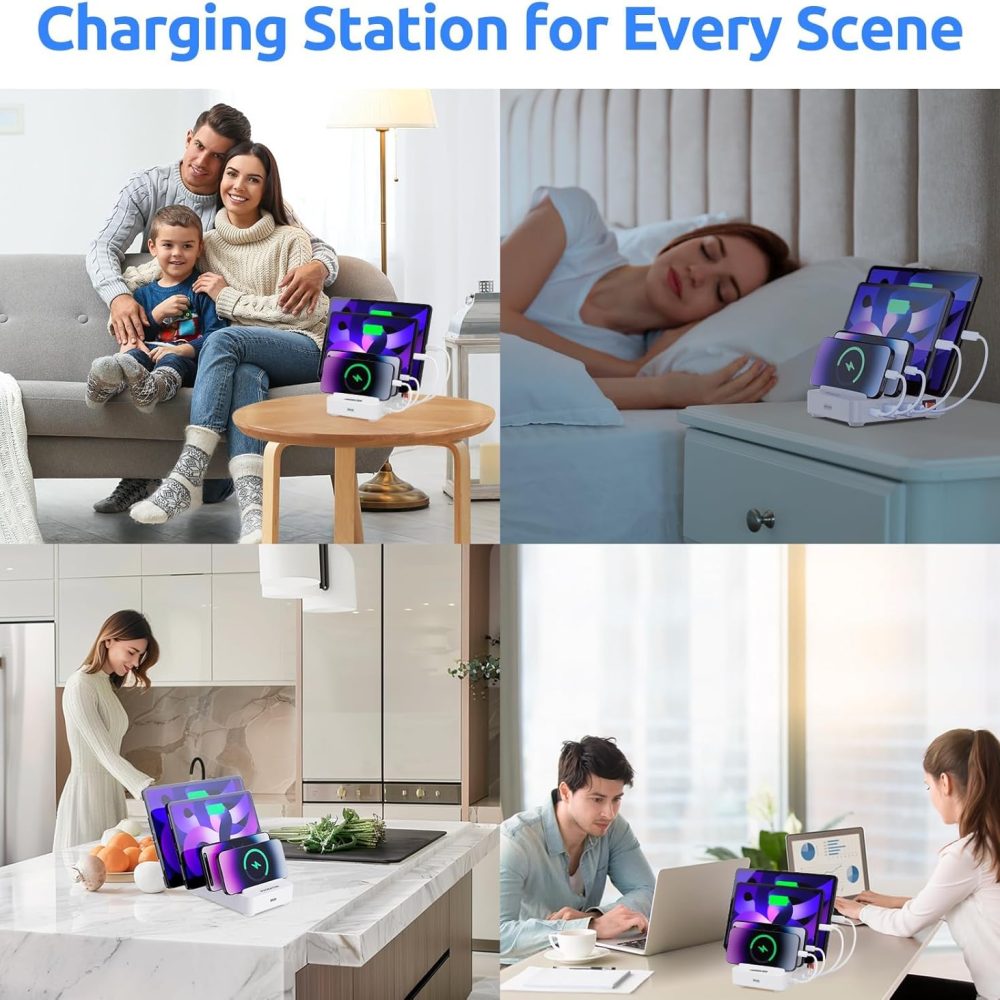 4-Port Charging Station for Multiple Devices, USB Charger Stations Multi-Device Organizer Charging Dock, Compatible with Cell Phones, iPads, Kindle Tablets, and Other Electronics (White) - Image 3