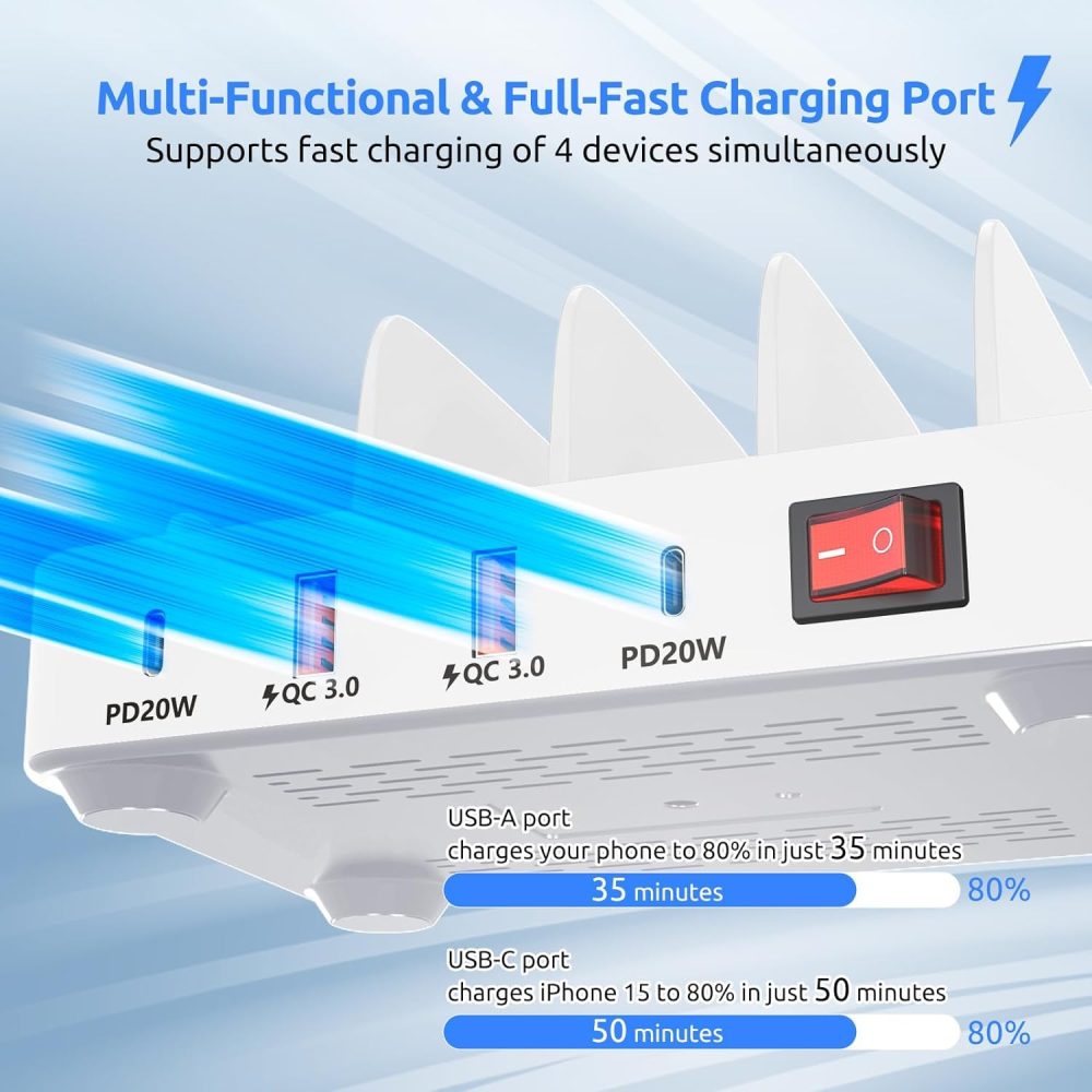 4-Port Charging Station for Multiple Devices, USB Charger Stations Multi-Device Organizer Charging Dock, Compatible with Cell Phones, iPads, Kindle Tablets, and Other Electronics (White) - Image 4