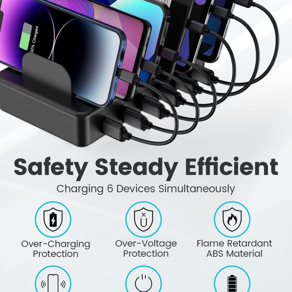 CREATIVE DESIGN 50W 6 Ports Multi Charger Station with 6 Charging Cables, USB Charging Dock for Multiple Devices, Compatible with Cellphone iPad Kindle Tablet and Other Electronic Devices - Image 3
