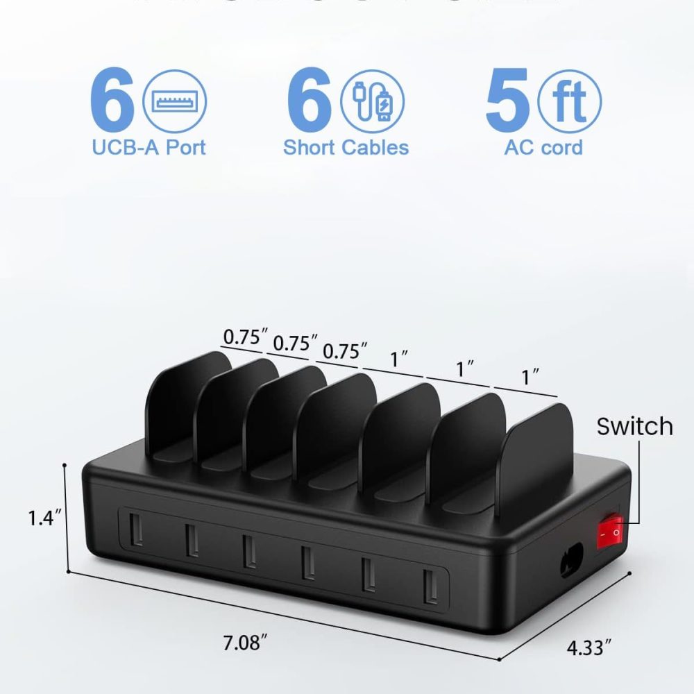 CREATIVE DESIGN 50W 6 Ports Multi Charger Station with 6 Charging Cables, USB Charging Dock for Multiple Devices, Compatible with Cellphone iPad Kindle Tablet and Other Electronic Devices - Image 7